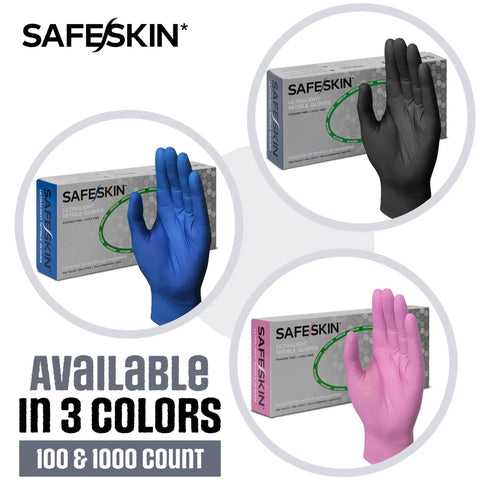 Ultralight Nitrile Gloves 2 Mil Black X-Large Powder Free Latex Free 100 Count, available in black, blue, pink colors.