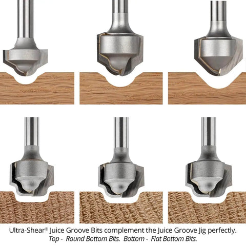 Ultra-Shear Juice Groove Bits for Juice Groove Router Jig, round and flat bottom bits displayed on wood surfaces.