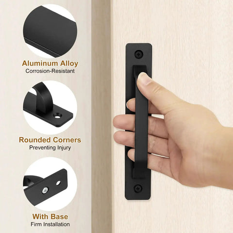 Hand gripping 2 Pcs Barn Door Handle Set Black Aluminum Alloy 7.09 Inch Door Pull Handles For Cabinets Closets Garages Sheds Sliding Doors Patio Gates Durable Heavy Duty Construction with features highlighted