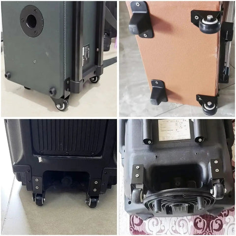 Two Pack Universal Right Angle Fixed Casters 1.5 Inch Wheels Black installed on various luggage and carts