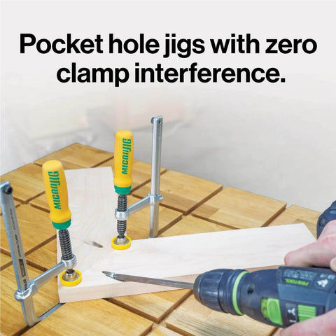 Woodworker using MatchFit Dovetail Clamps for Woodworking Track System Tools 2 Pack Yellow Green Pro Grade Quick Setup Clamping in a Three Eighths Inch Deep Groove That Works With Any One Half Inch Diameter 14 Degree Dovetail Router Bit DVC 538K2 on jig