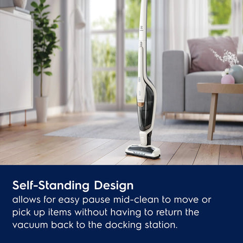 Electrolux Ergorapido cordless 2-in-1 vacuum cleaner in satin white with self-standing design on hardwood floor.