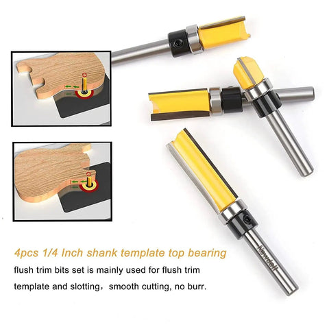 Pattern Flush Trim Router Bit Set With Bearing Guide For Tearout Prevention; 1/4 inch shank, 1/2 inch diameter, shown in woodworking use