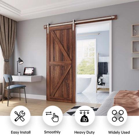 Installed view of 6 Ft Brushed Nickel Sliding Barn Door Hardware Kit With Straight Pulley Built To Last Steel Ball Bearing Rollers