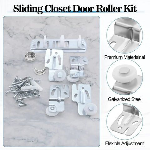 Sliding Closet Door Roller Kit With Floor Guide For Top Hung Wardrobe Doors Replacement Hardware Includes Track And Adjustable Guides Fits Three Quarters Of An Inch To One And Three Eighths Inches Doors displayed on a marble surface with detailed view of components.