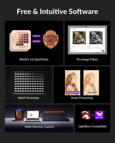 Software features for Powerful 45W Desktop Laser Engraver And Cutter With Rotary Pro Auto Lifting And HD Camera for precise work.