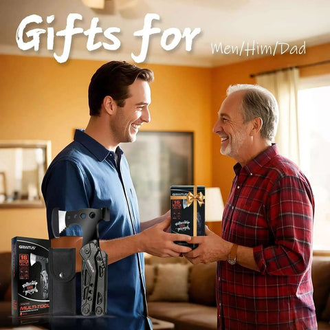 Two men exchanging a gift box with 16 In 1 Camping Multitool With Axe Hammer Pliers Saw Knife Wire Cutter And Screwdrivers, including case.