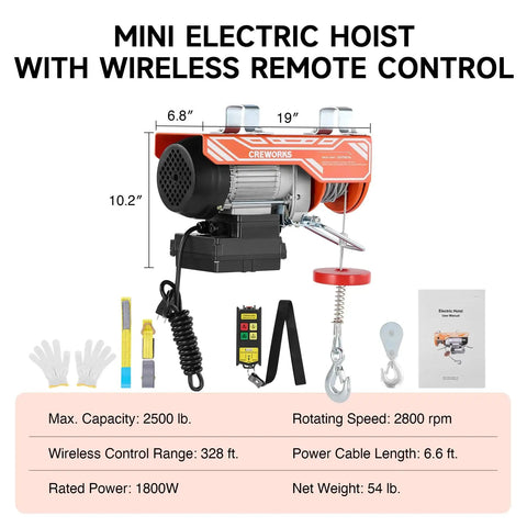 2500Lb Wireless Electric Hoist With Remote 39Ft Lift Height 1800W Ceiling Winch and accessories displayed