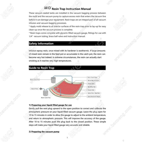 BACOENG resin trap instruction manual page with diagram of 3 gallon stainless steel vacuum chamber kit