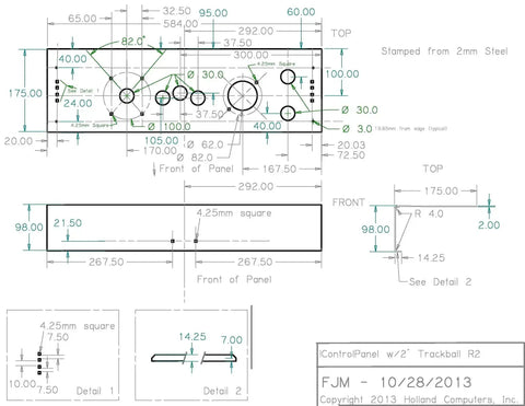 Blueprint of Multicade Full Size Arcade Control Panel With 2 Inch Trackball Hole For Upright Cabinets No Adapter Plate Needed.