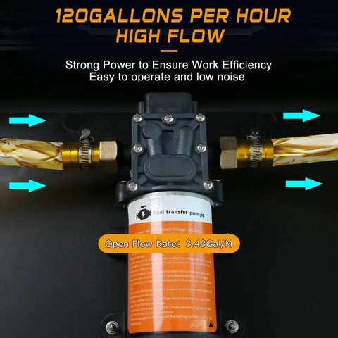 12V Fuel Transfer Pump Delivers Up To 120 Gallons Per Hour For Gas Or Diesel, pump close-up, high flow with orange label