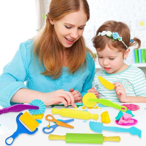Mother and child playing with Creative 9 Piece Dough Tool Set For Kids Ages 4 To 8 With Colorful Cutters Rolling Pins Plastic Scissors