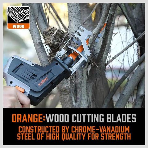 Person using reciprocating saw with 40 Piece Reciprocating Saw Blade Set For Wood Metal PVC Pruning And Wet Wood Cuts showing blade in action.