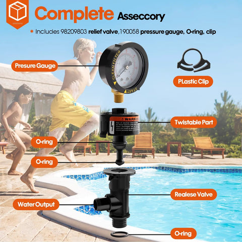 DearChan 98209800 high-flow manual relief valve with pressure gauge for pool and spa filter, 1 pack