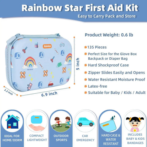 All Purpose Portable Emergency First Aid Kit With 135 Pieces For Home Car Travel Camping And Hiking That Fits In A Purse Diaper Bag Or Backpack The Ultimate Travel Must Have For Busy Families, rainbow design, dimensions labeled