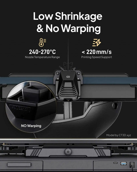 3D printer setup displaying nozzle temperature range 240-270°C and printing speed support under 220mm/s with close-up of no warping detail.