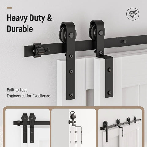 Bypass Sliding Barn Door Hardware Kit, Single Track System, Carbon Steel With Frosted Black Finish, Easy To Install, Heavy Duty