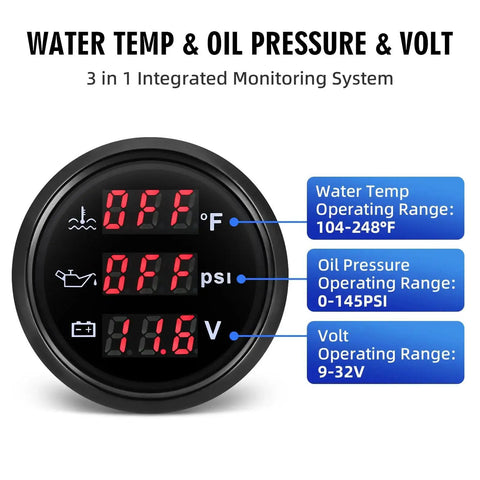 All In One 52mm 2-1/16 Inch Triple Gauge Kit with oil pressure psi, water temperature F, volt display for car truck boat marine
