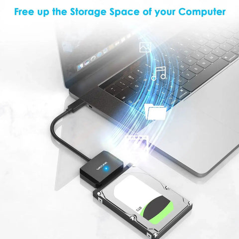 USB C To SATA External Drive Cable With UASP Fast 5Gbps For 2.5 And 3.5 Inch SSD HDD Supports SATA I II III Up To 20TB Power Adapter Included Plug And Play Across Windows Mac Linux Android connected to laptop.