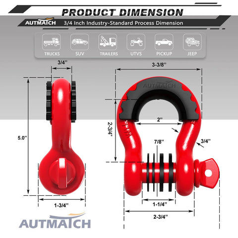 Heavy Duty Three Quarters Inch D Ring Shackle Set, 2 Pack, 41,887 Lbs Break Strength, Seven Eighths Inch Screw Pin, dimensions display