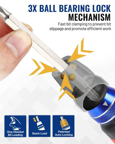 Close-up of 3x ball bearing lock mechanism on ratcheting 12 in 1 screwdriver set with quick load mechanism for DIY projects and repairs.