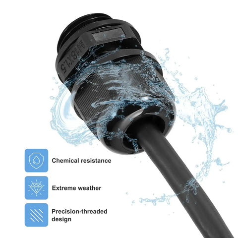 5 Pack PG29 Cable Glands Adjustable 18 To 25mm PA6 Nylon IP68 Waterproof Connectors with Seals in use, showcasing water resistance.
