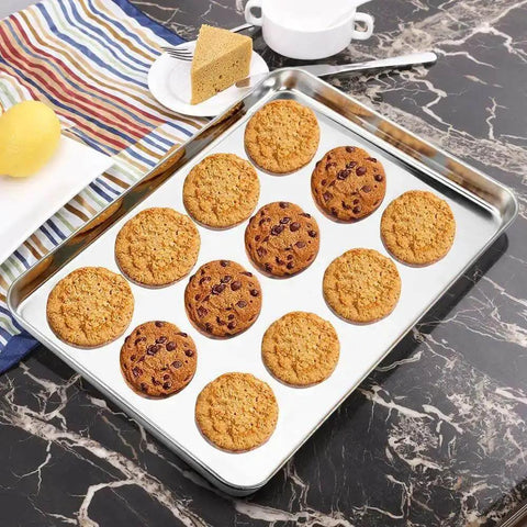 Cookies on Three Piece Stainless Steel Baking Sheet Set Built Tough For Real Home Chefs Non Toxic And Easy Clean Heavy Duty Cookie Sheets In 9, 12, And 16 Inches Fits Most Ovens And Toaster Ovens For Everyday Baking And Roasting