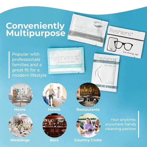 Image of Lint-Free Lens Wipes, 50 Pre-Moistened Towelettes for Glasses and Screens packaging and multipurpose uses illustration.
