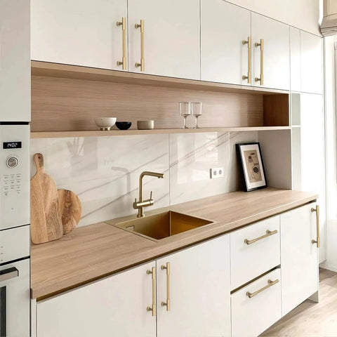 10 Pack Champagne Bronze Cabinet Pulls 5 Inch 128mm Honey Bronze Kitchen Cabinet Handles on modern white cupboards