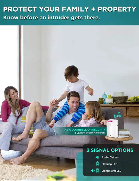 Family enjoying living room with Wireless Driveway Alarm System With 1000ft Range, Motion Sensor Security Kit visible on table