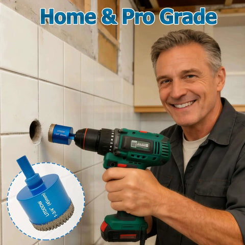 Man using 10 Piece Diamond Hole Saw Kit for Ceramic Tile and Stone Projects, Serrated Brazed Tile Hole Saws for Dry or Wet Drilling