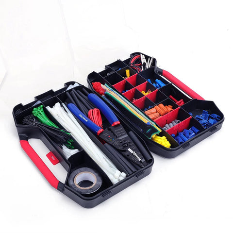 WORKPRO 582-piece electrical repair kit with crimp terminals, wire connectors, heat shrink tubes in a two-compartment plastic case