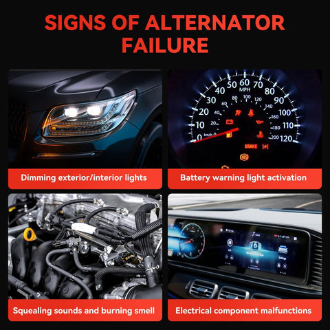 Signs of alternator failure including dimming lights, battery warnings, engine issues, and electrical malfunctions.