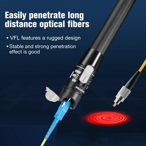 Visual Fault Locator for fiber optics, handheld black VFL with blue connector and yellow fiber, red laser beam