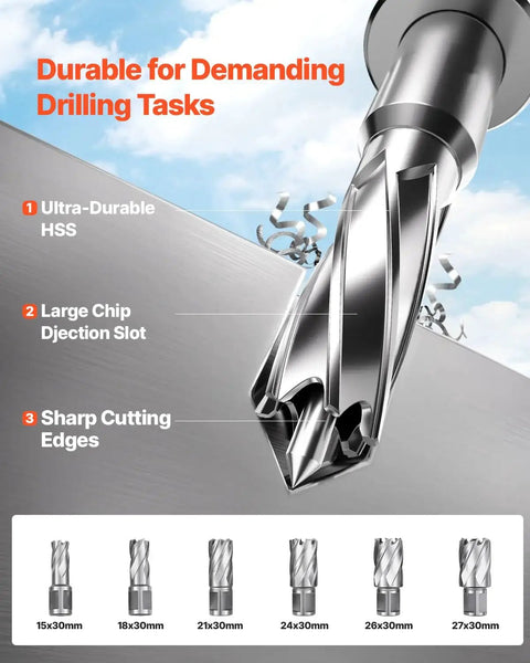 Close-up of heavy duty magnetic drill press with 1450W motor, 0-800 RPM, showing sharp coring bits and metal shavings.
