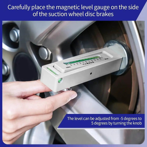 Adjustable Magnetic Wheel Alignment Gauge Tool For Camber Caster And Toe Measurements in use on vehicle wheel