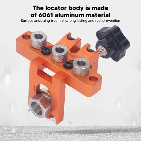 3 In 1 Doweling Jig Kit With Clear Engraved Scale Drilling Locator Puncher For Woodworking And Furniture Assembly, Versatile Dowel Jig With Accurate Hole Alignment, Auxiliary Punch Plate And No Fuss Easy Setup. Orange aluminum body with knobs and scale.