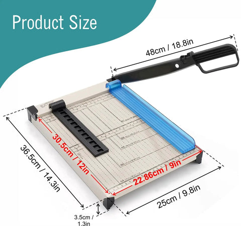 Heavy Duty 12 Inch Guillotine Paper Cutter With Safety Guard, Magnetic Guide, And Laser Printed Scale showing size dimensions