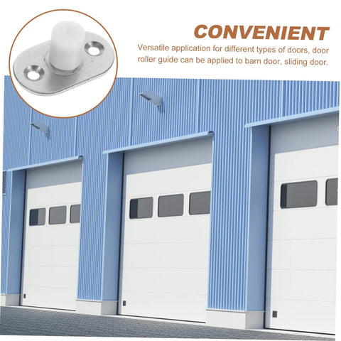 Sliding Door Floor Guide Roller And Barn Door Stopper For Smooth Easy Install Versatile Bottom Track Guide For Wood Doors And Sliding Barn Doors Quiet Durable Roller System Simple DIY Hardware Upgrade shown next to blue industrial building with large doors.