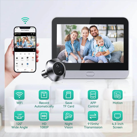 Smart Video Doorbell With 4.3 Inch Color Monitor And 1080p HD Wireless Camera, shown with smartphone app interface and features.