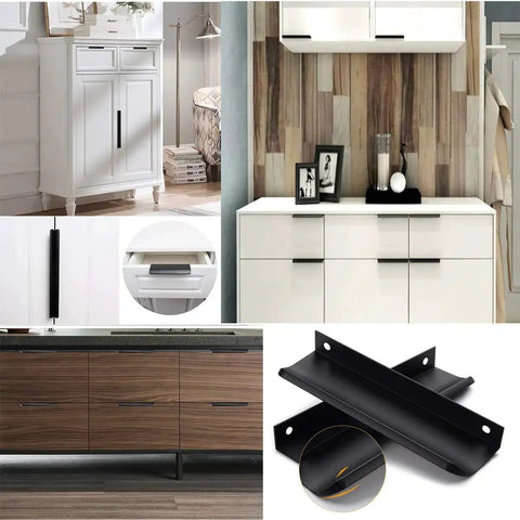10 Pack Black Cabinet Handles 5 Inch Finger Pulls for Cabinets and Dresser Drawers With 5 Inch Hole Centers displayed on furniture.