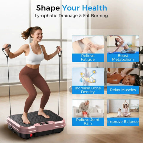 Woman exercising on rose gold Vibration Plate Exercise Machine for Full Body Workout and Fat Burning, 400 lbs capacity, home gym.