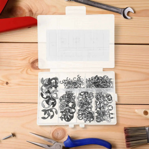 All In One Stainless Steel Hardware Kit Featuring 300 Pcs Open Split Washers And E Type Circlips 304 Stainless Retaining Ring Assortment For Indoor Outdoor Use Heavy Duty Rust Resistant Fasteners in a plastic case