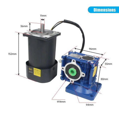 High Torque 120W Worm Gear Motor With 1 To 40 Reducer And Speed Governor Controller Adjustable Variable Gear Motor CW CCW 90 To 1600 RPM 110V AC 14mm Output Shaft NMRV30 Worm Gearbox 18 Nm Durable Alloy Build, showing product dimensions.