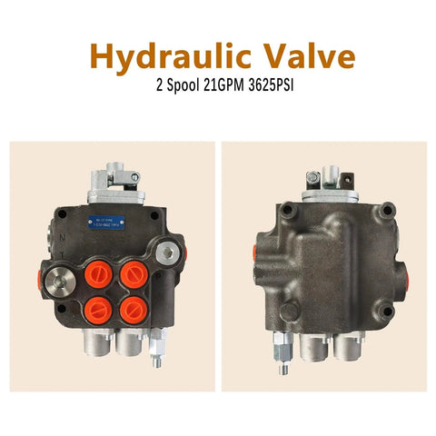 2 Spool Hydraulic Valve With Joystick Control For Heavy Equipment 21GPM Flow 3625PSI Relief Double Acting Valve Front and Side View
