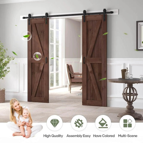 48x84 Inch Double 24x84 Inch Sliding Barn Wood Door Slab With 8ft Hardware Kit And Handle In Coffee Finish K Shape Spruce Solid Wood