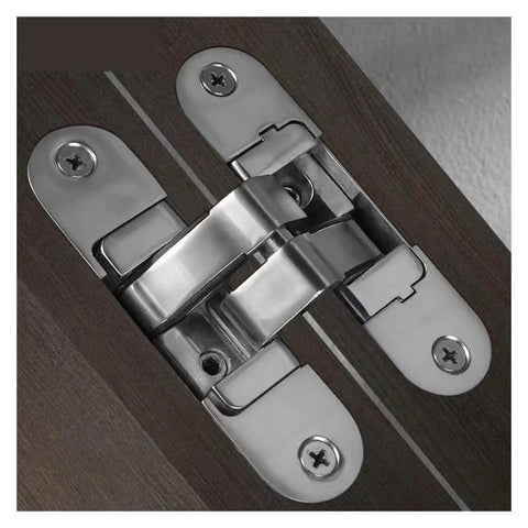 Invisible Hinge Set Zinc Alloy Concealed Cross Hinges With 3D Adjustable Mount For 180 Degree Folding Doors showing hinge installation.