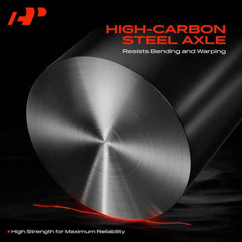 High-carbon steel axle with smooth finish resists bending and warping, designed for durability and reliability.