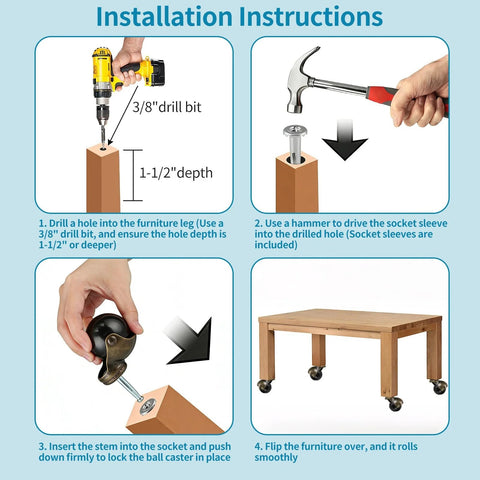 Installation instructions for 2 Inch Ball Caster Wheels With Sockets, showing drilling, inserting socket, and attached casters on furniture leg.