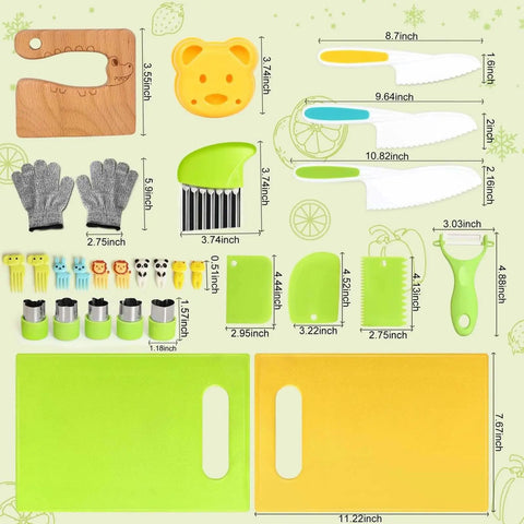 Toddler Knife Set For Kids Real Cooking Safe Kitchen Tools With Cutting Board And Crinkle Cutters 28 Pieces Montessori Style